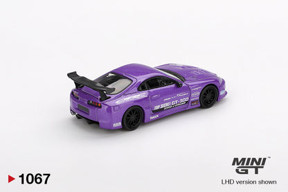 Back perspective view of Toyota Supra (A80) Top Secret GT-300 Top Secret Purple 1:64 scale model car - Mini GT