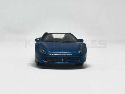 Front view of Ferrari 458 Spider Blue 1:64 scale model car - Bburago