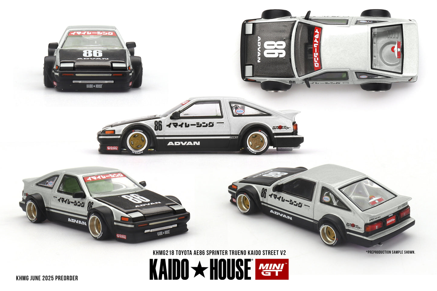 Official Kaido House x Mini GT product sheet for the Toyota AE86 Sprinter Trueno Kaido Street V2 (KHMG0218) showing front, top, side, front three-quarter and rear three-quarter views