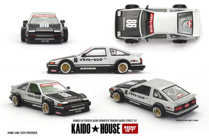 Official Kaido House x Mini GT product sheet for the Toyota AE86 Sprinter Trueno Kaido Street V2 (KHMG0218) showing front, top, side, front three-quarter and rear three-quarter views