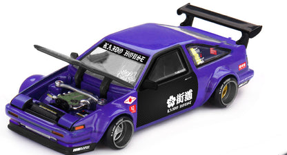 Kaido House x Mini GT Toyota AE86 Sprinter Trueno Kaido Touge V1 purple and black 1:64 scale diecast model car with the hood opened to show the detailed engine bay