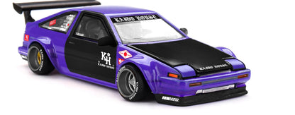 Kaido House x Mini GT Toyota AE86 Sprinter Trueno Kaido Touge V1 purple and black 1:64 scale diecast model car, front three-quarter view showing the black carbon-look hood and front splitter