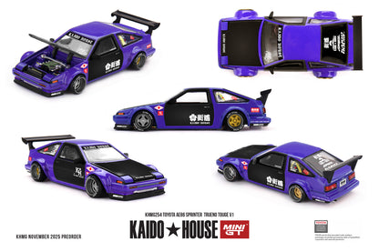 Official Kaido House x Mini GT product sheet for the Toyota AE86 Sprinter Trueno Kaido Touge V1 (KHMG0254) showing front, top, side and rear views