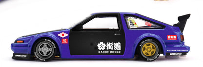 Kaido House x Mini GT Toyota AE86 Sprinter Trueno Kaido Touge V1 purple and black 1:64 scale diecast model car, side profile showing the staggered silver front and gold rear wheels