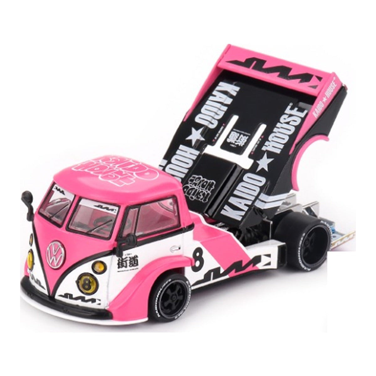 Kaido House x Mini GT Volkswagen T1 Kaido Rad Van V1 1:64 scale diecast model car with the rear deck raised to show the chassis and rear wheels