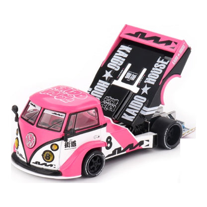 Kaido House x Mini GT Volkswagen T1 Kaido Rad Van V1 1:64 scale diecast model car with the rear deck raised to show the chassis and rear wheels