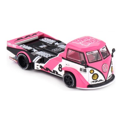 Kaido House x Mini GT Volkswagen T1 Kaido Rad Van V1 pink 1:64 scale diecast model car, front three-quarter view showing the VW roundel, yellow fog lamps and #8 door number