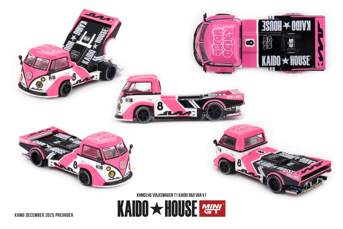 Official Kaido House x Mini GT product sheet for the Volkswagen T1 Kaido Rad Van V1 (KHMG0245) showing deck-open, top, side, front and rear views