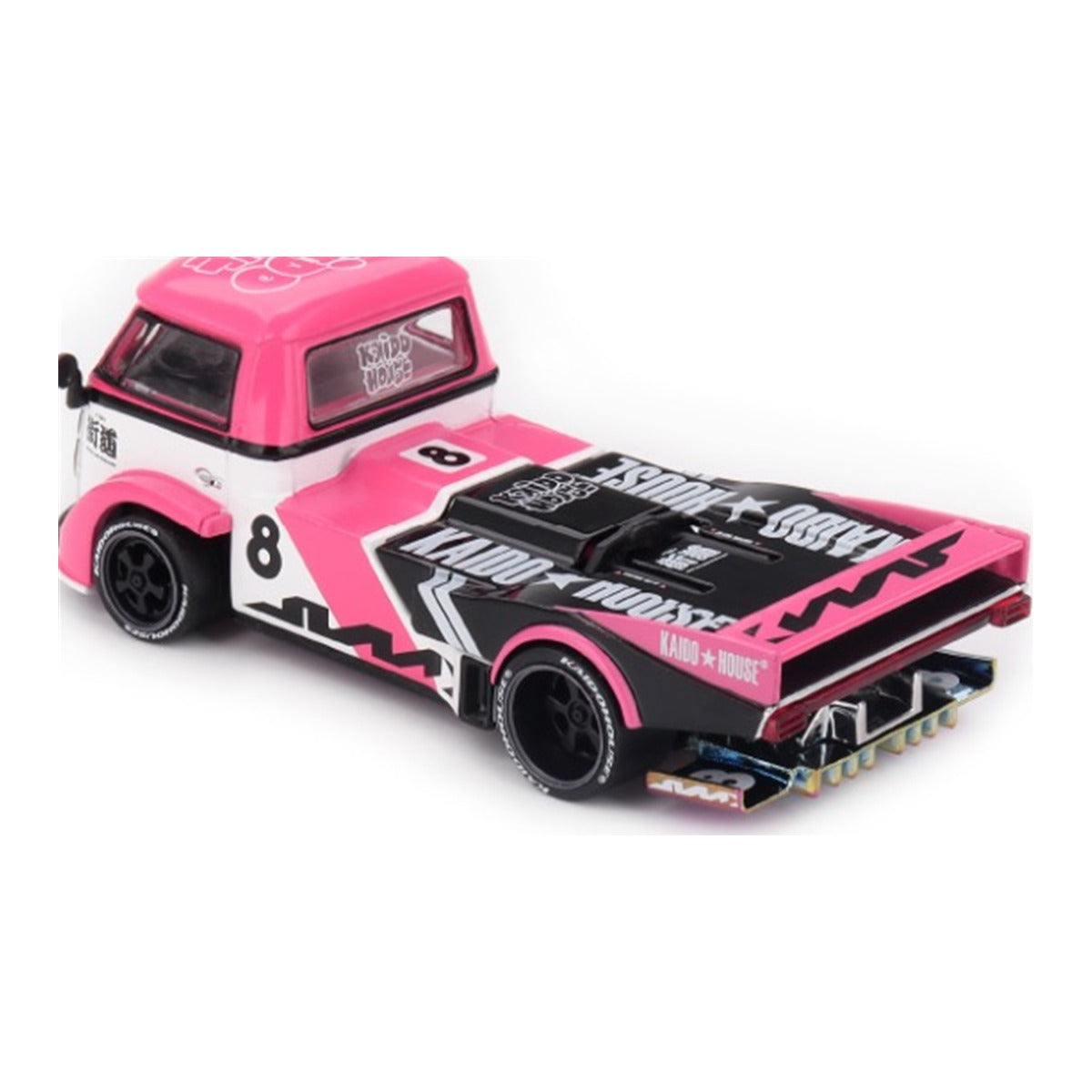 Kaido House x Mini GT Volkswagen T1 Kaido Rad Van V1 pink 1:64 scale diecast model car, rear three-quarter view showing the KAIDO HOUSE rear deck and exposed exhaust