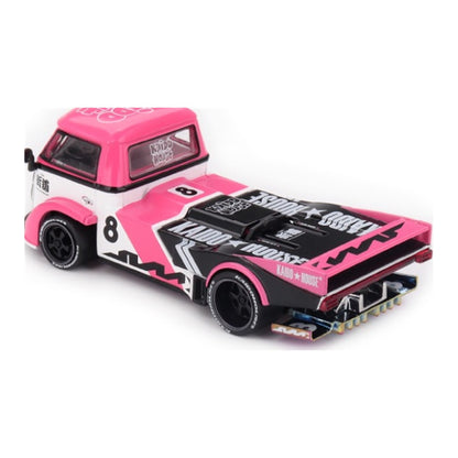 Kaido House x Mini GT Volkswagen T1 Kaido Rad Van V1 pink 1:64 scale diecast model car, rear three-quarter view showing the KAIDO HOUSE rear deck and exposed exhaust