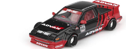 Rear view of Toyota AE86 Sprinter Trueno Kaido ADVAN 1:64 diecast showing the ADVAN rear wing and widebody rear fenders (KHMG0214)