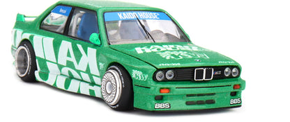 Front view of BMW M3 E30 Kaido Works V2 green 1:64 diecast model car by Kaido House x Mini GT (KHMG0242)