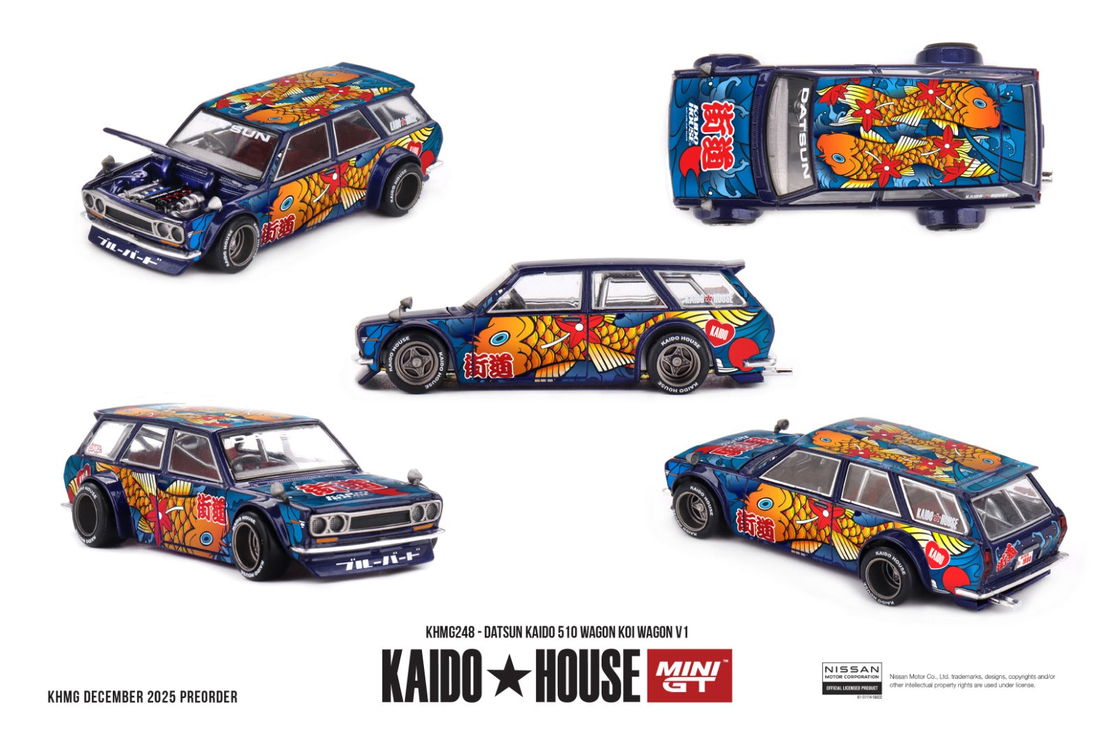 Datsun KAIDO 510 Wagon Koi Wagon V1 1:64 diecast model car by Kaido House x Mini GT shown from front, rear, side and top with koi fish graphics (KHMG0248)
