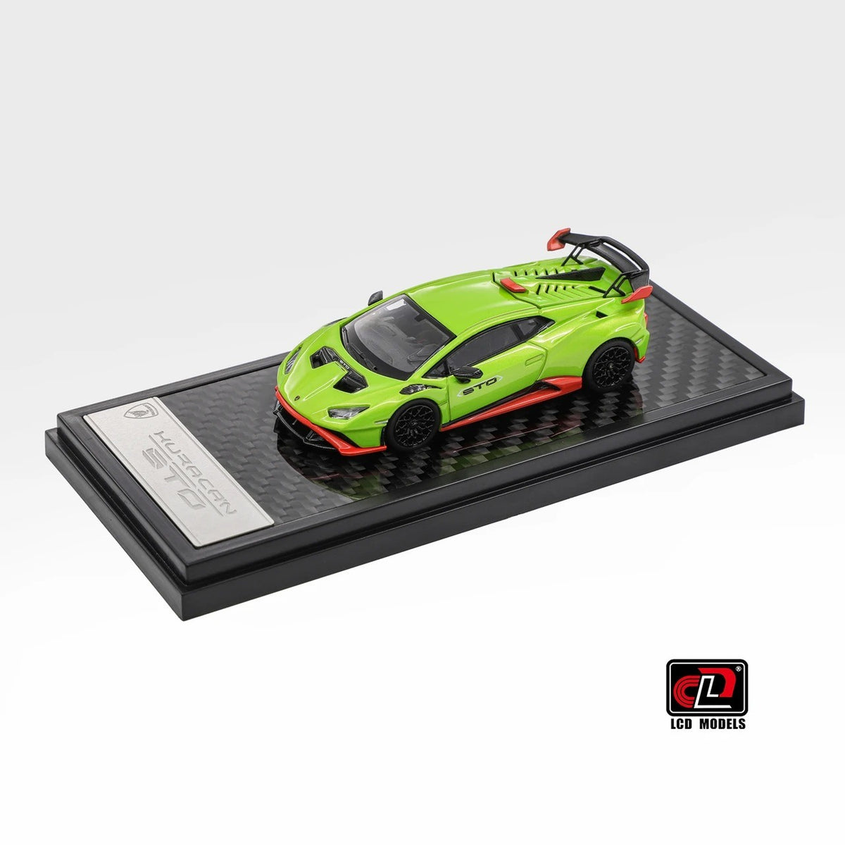 Front three-quarter view of Lamborghini Huracan STO green 1:64 diecast model car by LCD Models on its display base showing the orange splitter (LCD64043-GR)