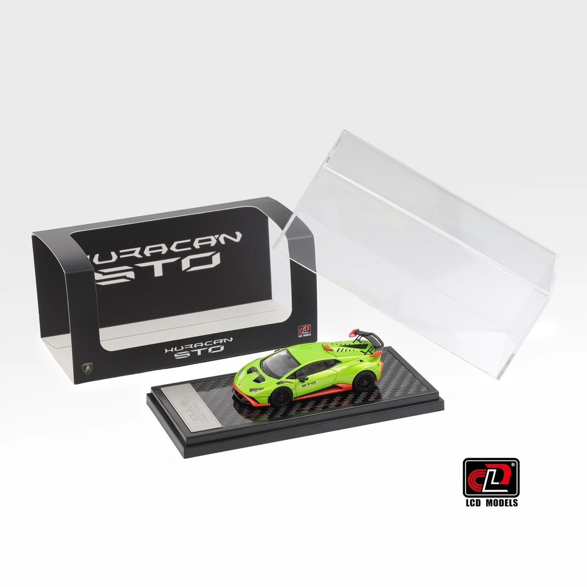 Lamborghini Huracan STO green 1:64 scale model car with its LCD Models box and clear acrylic display cover (LCD64043-GR)