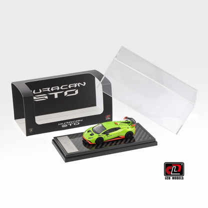 Lamborghini Huracan STO green 1:64 scale model car with its LCD Models box and clear acrylic display cover (LCD64043-GR)