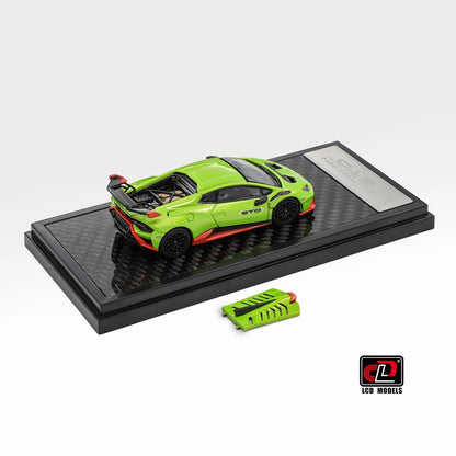 Rear three-quarter view of Lamborghini Huracan STO green 1:64 diecast showing the shark fin, vented rear deck and adjustable wing (LCD64043-GR)