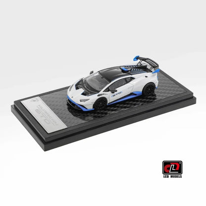 Front three-quarter view of Lamborghini Huracan STO white and blue 1:64 diecast model car by LCD Models on its display base (LCD64043-WH)