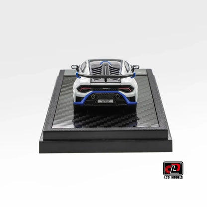 Rear view of Lamborghini Huracan STO white and blue 1:64 diecast showing the adjustable rear wing and blue diffuser (LCD64043-WH)