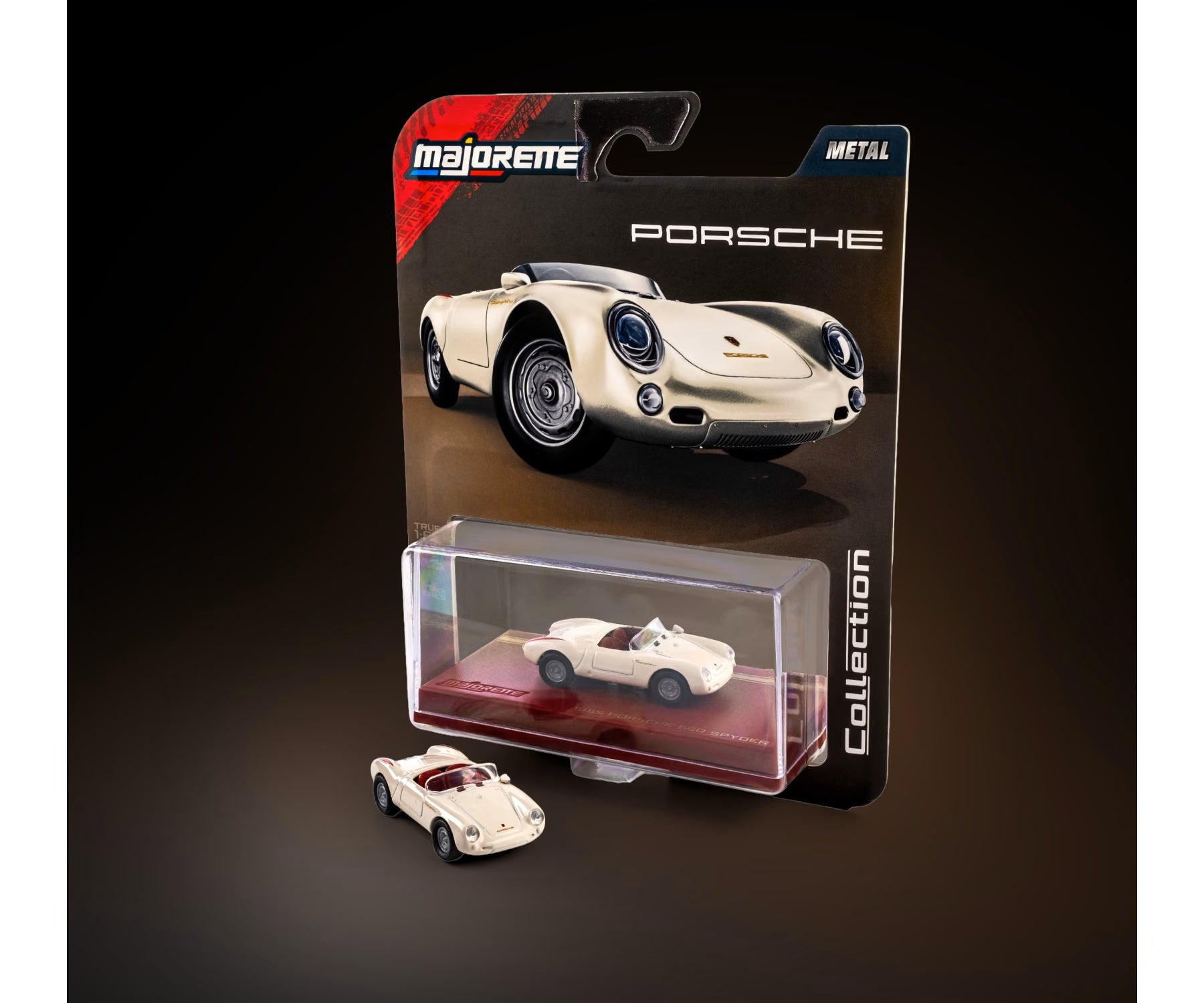 majorette collection 1955 porsche 550 spyder white 1:64 scale diecast model car in blister-card packaging
