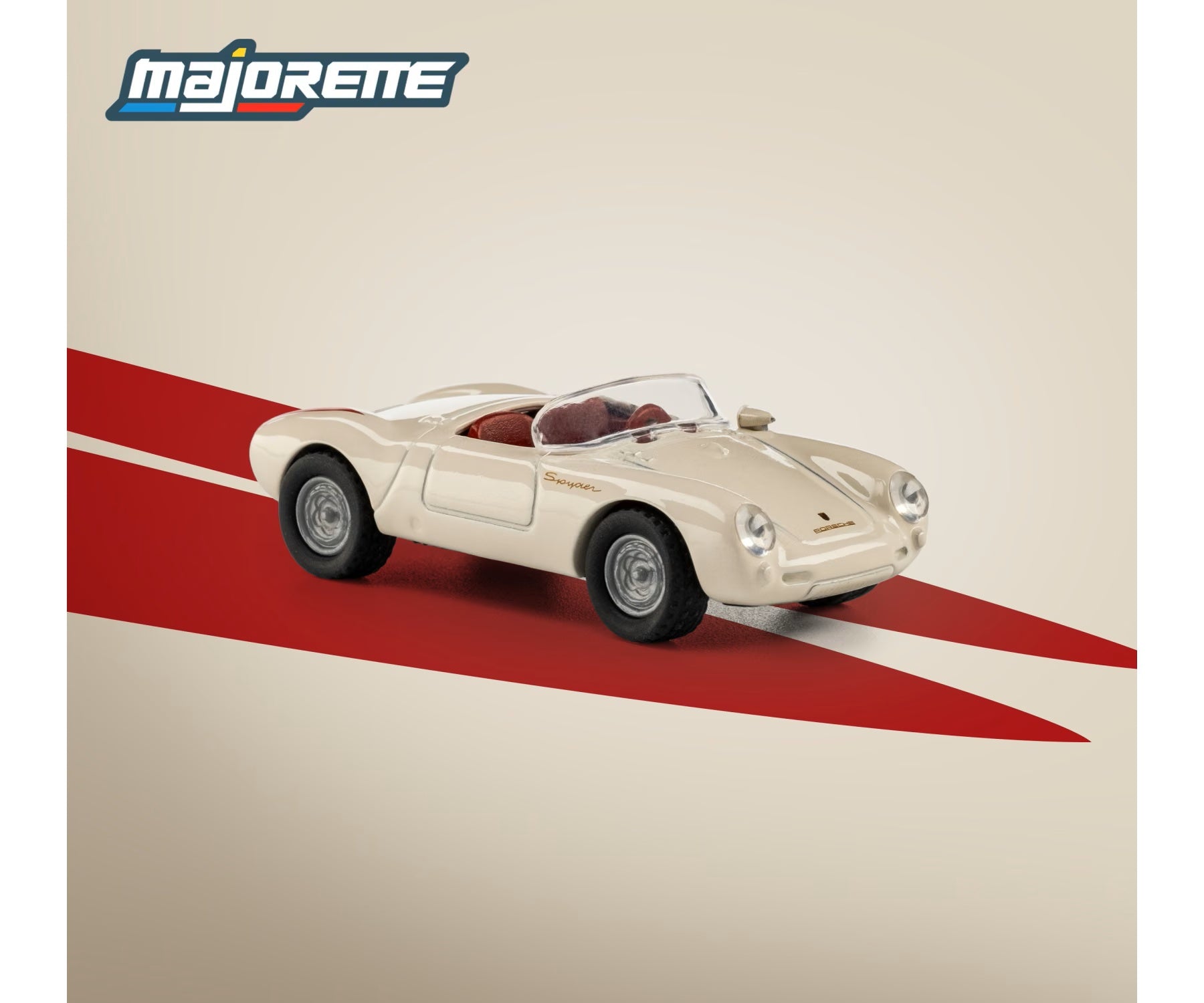 majorette collection 1955 porsche 550 spyder white 1:64 scale diecast model car front three-quarter view, showing the gold spyder script and the red open cockpit