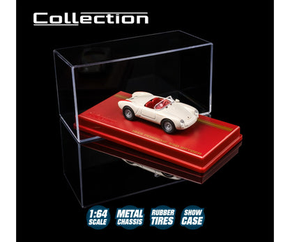 majorette collection 1955 porsche 550 spyder white 1:64 scale diecast model car in its acrylic show case on a red display plinth