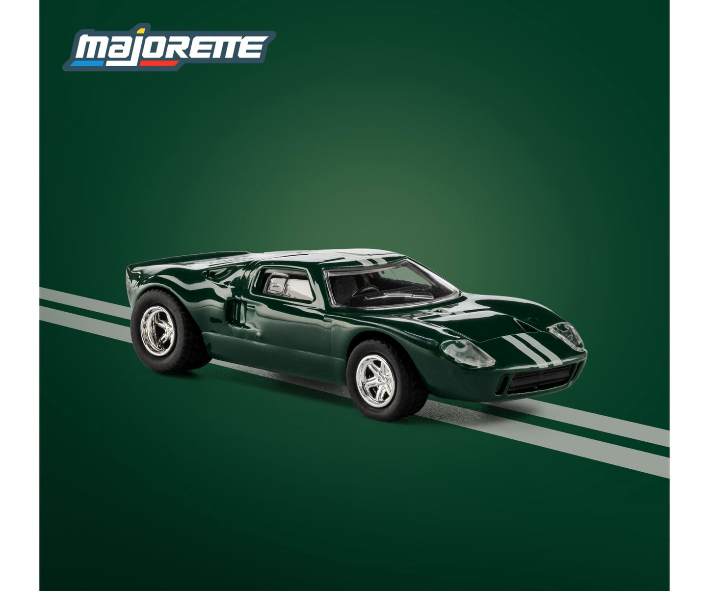 majorette collection 1965 ford gt40 mk1 green 1:64 scale diecast model car front three-quarter view, showing the twin white nose stripes