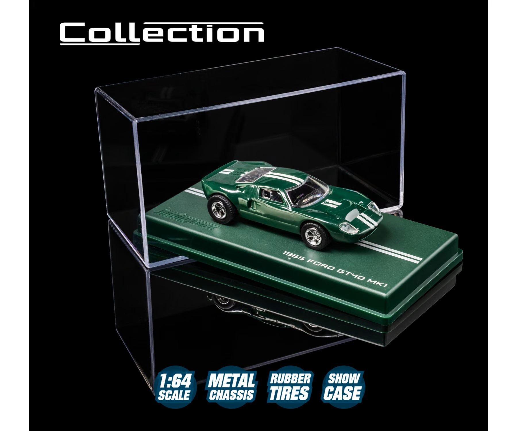 majorette collection 1965 ford gt40 mk1 green 1:64 scale diecast model car in its acrylic show case on a green display plinth