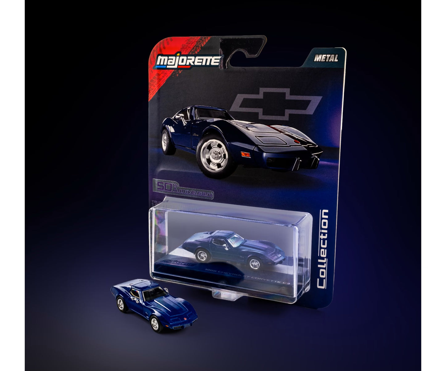 majorette collection 1966 chevrolet corvette c3 blue 1:64 scale diecast model car in blister-card packaging
