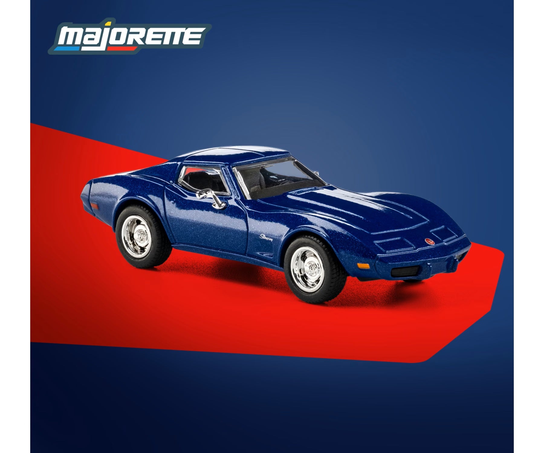 majorette collection 1966 chevrolet corvette c3 blue 1:64 scale diecast model car front three-quarter view, showing the flared arches and chrome rally wheels