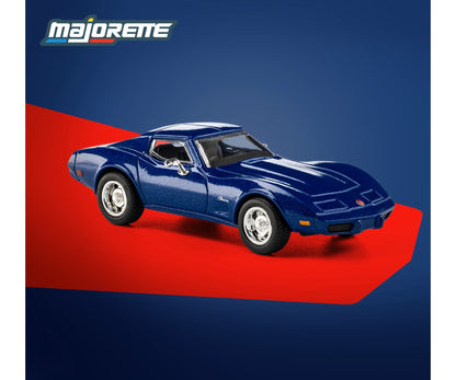 majorette collection 1966 chevrolet corvette c3 blue 1:64 scale diecast model car front three-quarter view, showing the flared arches and chrome rally wheels