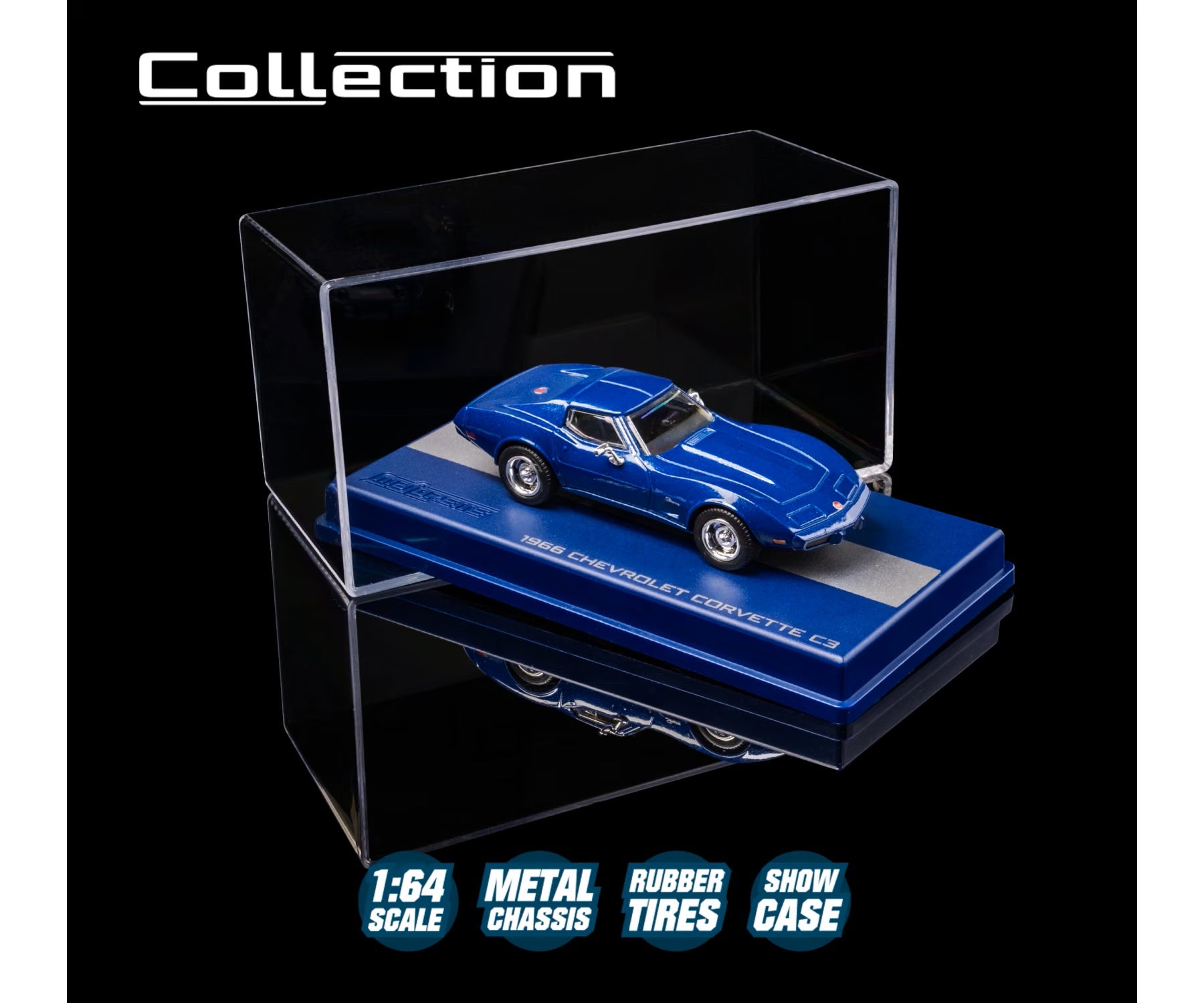 majorette collection 1966 chevrolet corvette c3 blue 1:64 scale diecast model car in its acrylic show case on a blue display plinth
