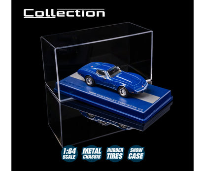 majorette collection 1966 chevrolet corvette c3 blue 1:64 scale diecast model car in its acrylic show case on a blue display plinth
