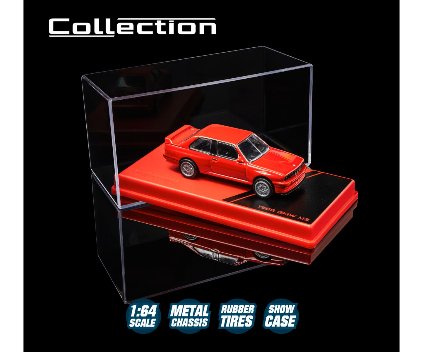majorette collection 1986 bmw m3 red 1:64 scale diecast model car in its acrylic show case on a red display plinth