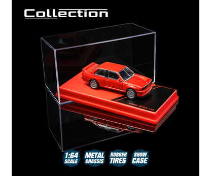 majorette collection 1986 bmw m3 red 1:64 scale diecast model car in its acrylic show case on a red display plinth