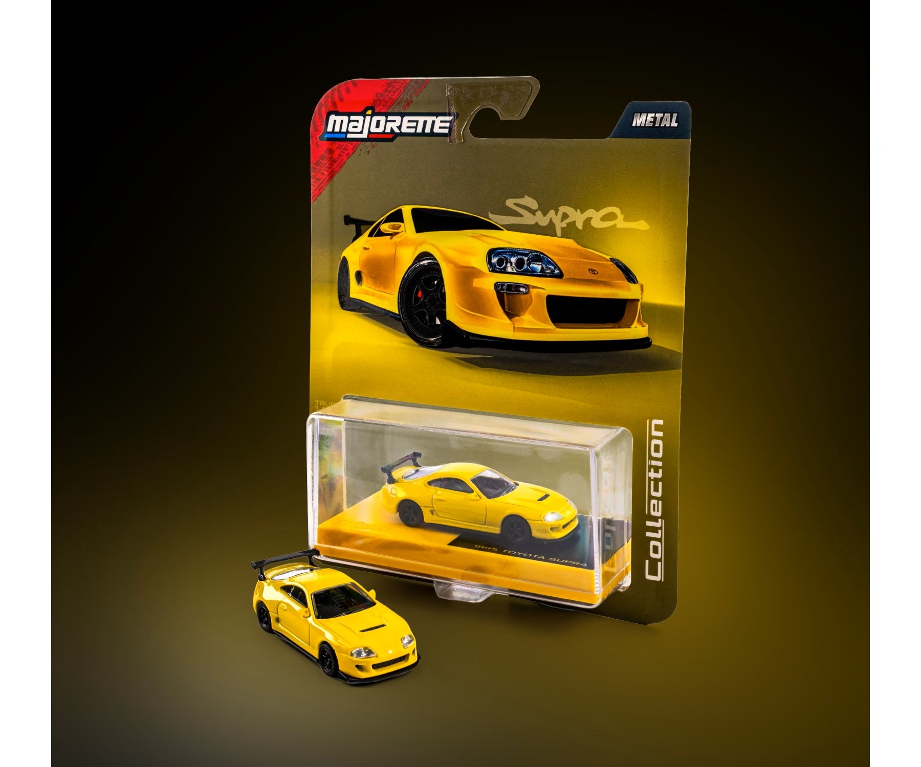 majorette collection 1995 toyota supra yellow 1:64 scale diecast model car in blister-card packaging