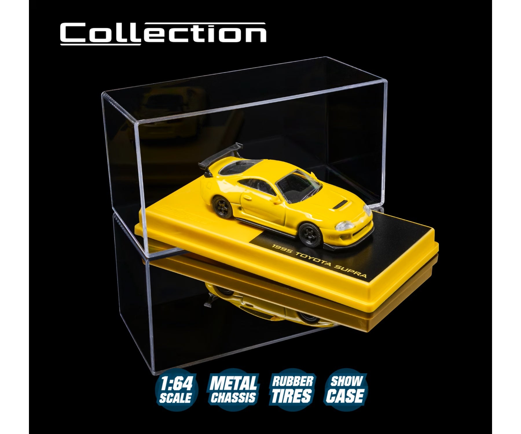 majorette collection 1995 toyota supra yellow 1:64 scale diecast model car in its acrylic show case on a yellow display plinth