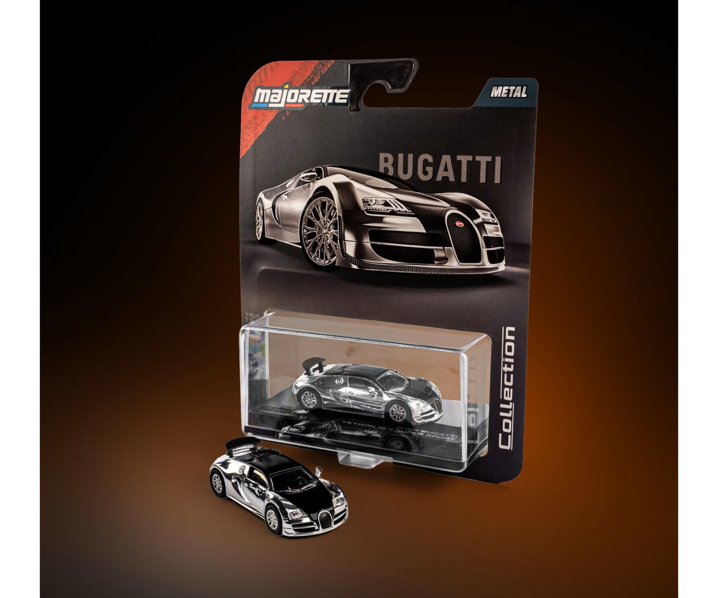 majorette collection 2005 bugatti veyron 16.4 super sport chrome 1:64 scale diecast model car in blister-card packaging