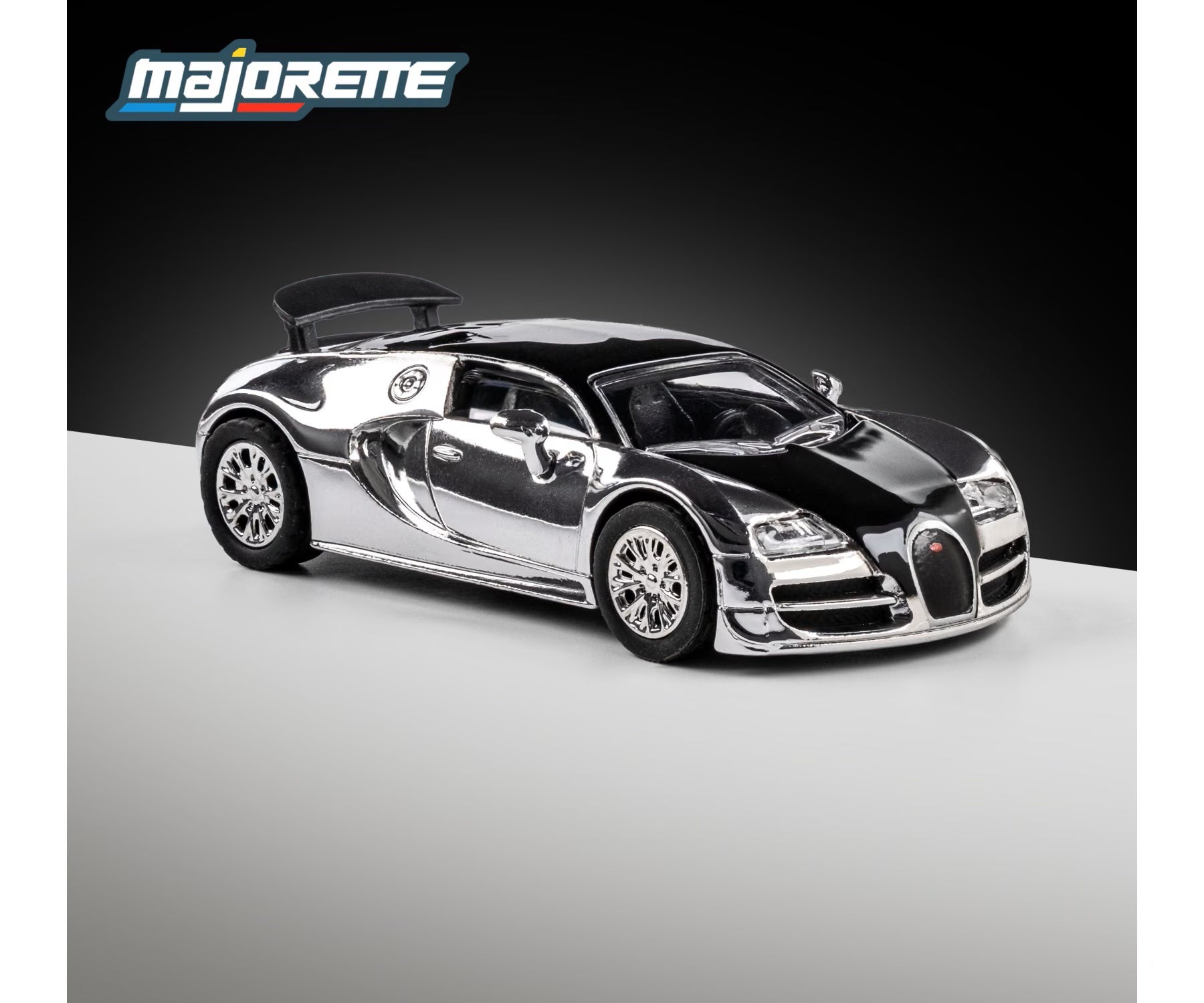 majorette collection 2005 bugatti veyron 16.4 super sport chrome 1:64 scale diecast model car front three-quarter view, showing the horseshoe grille and black roof scoops