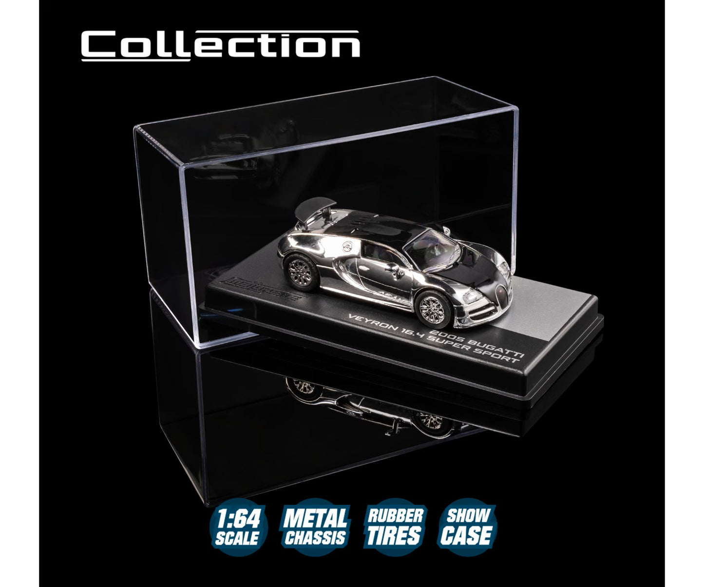 majorette collection 2005 bugatti veyron 16.4 super sport chrome 1:64 scale diecast model car in its acrylic show case on a black display plinth