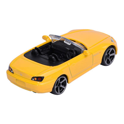 Majorette JDM Legends Honda S2000 yellow 1:64 scale diecast model car rear three-quarter view, showing the open cockpit and roll hoops
