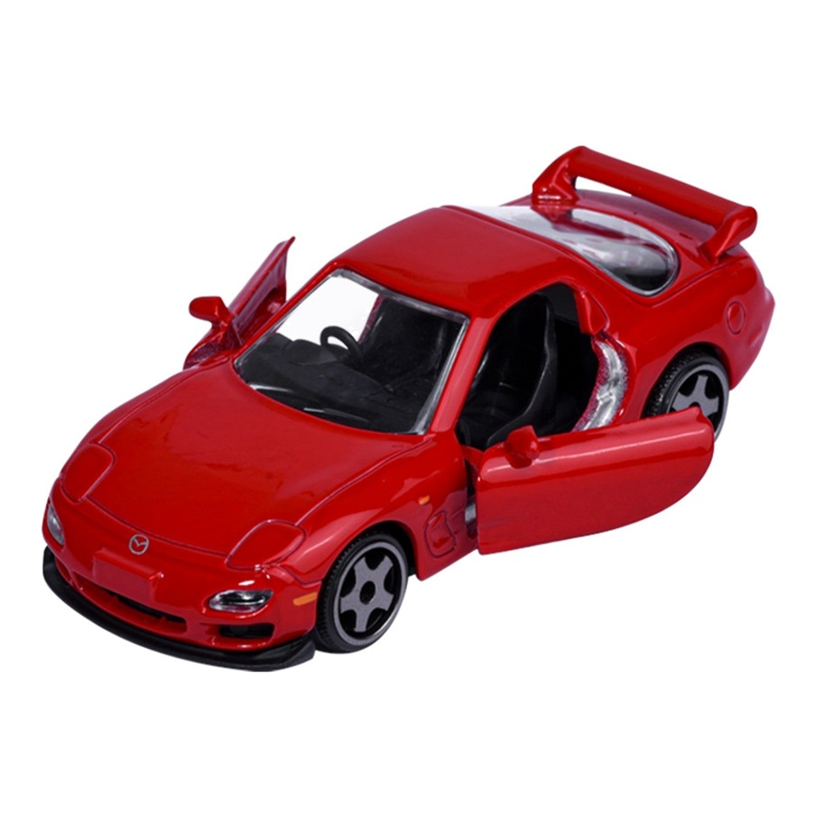 Majorette JDM Legends Mazda RX-7 FD3S red 1:64 scale diecast model car front three-quarter view, both doors open