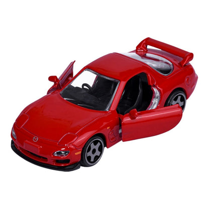 Majorette JDM Legends Mazda RX-7 FD3S red 1:64 scale diecast model car front three-quarter view, both doors open