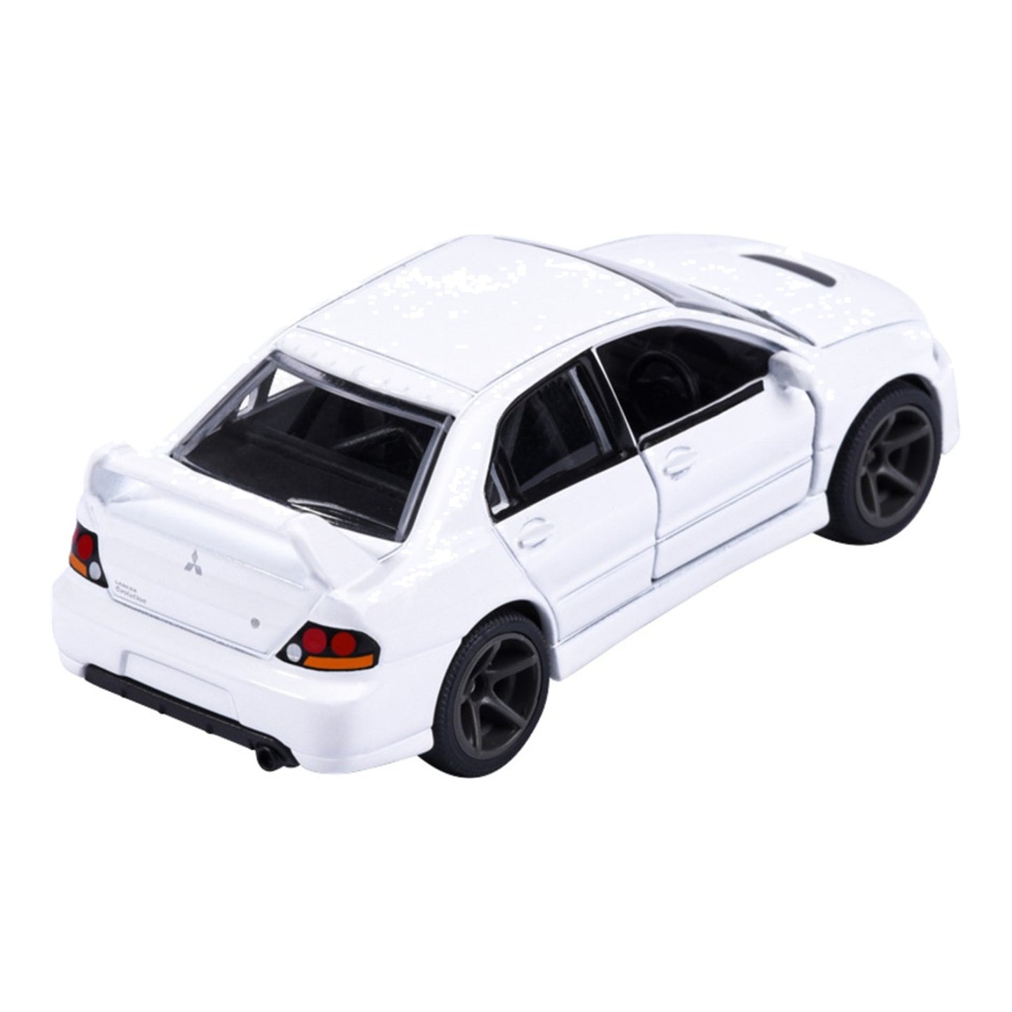 Majorette JDM Legends Mitsubishi Lancer Evolution 9 white 1:64 scale diecast model car rear three-quarter view, showing the tall rear wing
