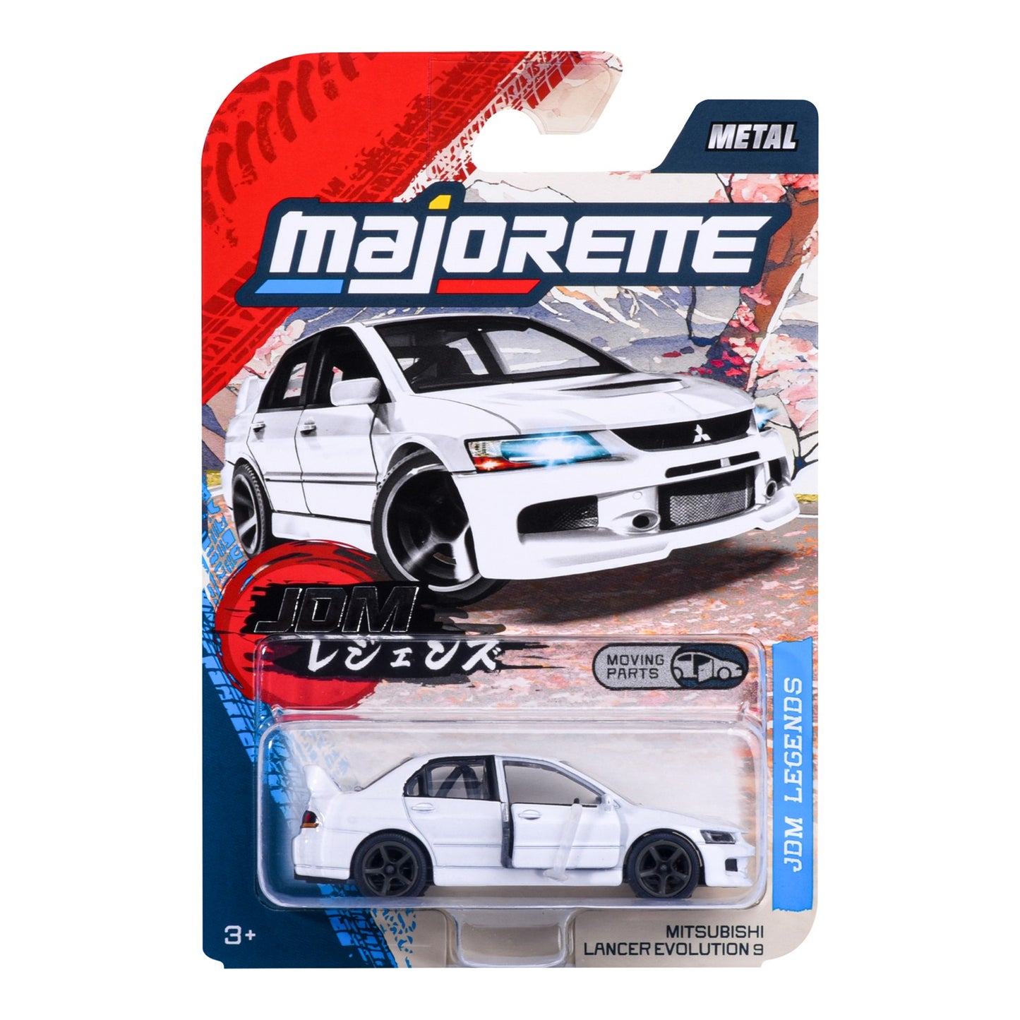 Majorette JDM Legends Mitsubishi Lancer Evolution 9 white 1:64 scale diecast model car in blister-card packaging