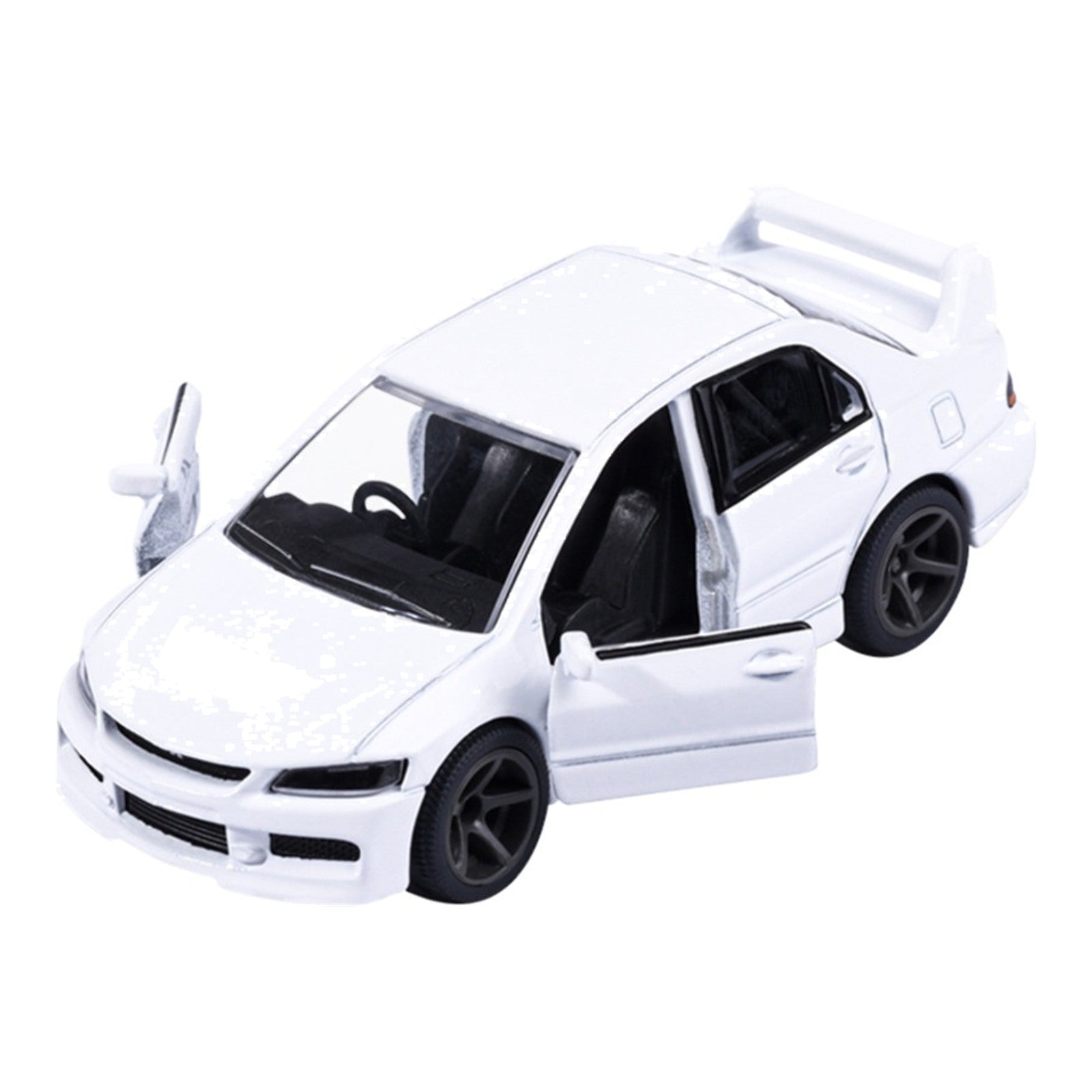 Majorette JDM Legends Mitsubishi Lancer Evolution 9 white 1:64 scale diecast model car front three-quarter view, both doors open