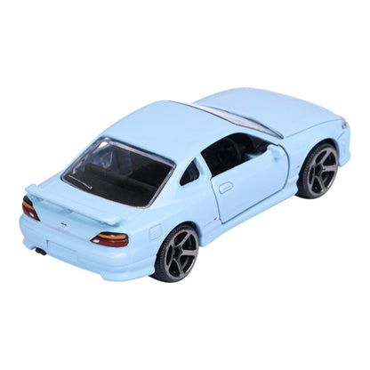 Majorette JDM Legends Nissan Silvia S15 Spec R Aero light blue 1:64 scale diecast model car rear three-quarter view, showing the Aero rear wing