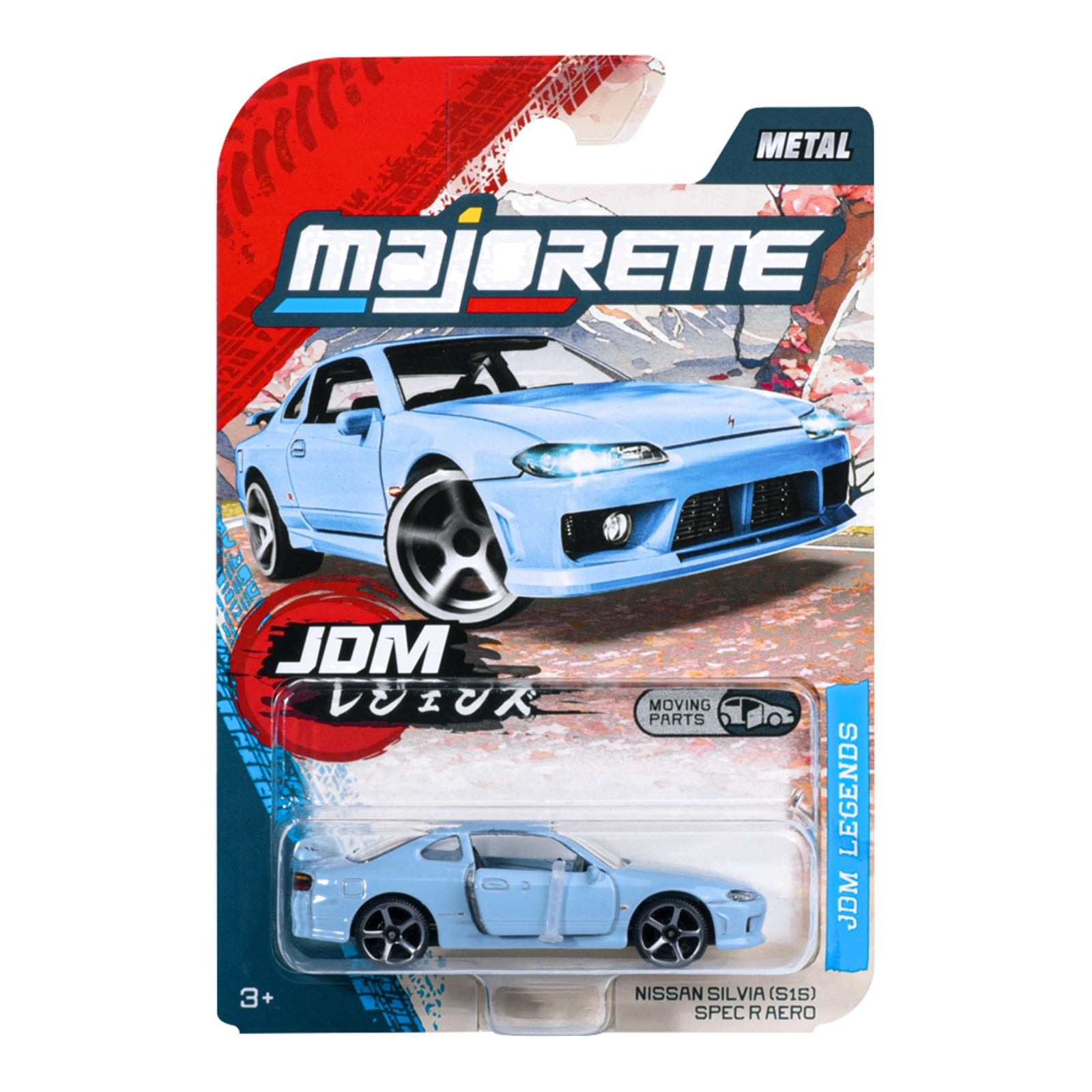Majorette JDM Legends Nissan Silvia S15 Spec R Aero light blue 1:64 scale diecast model car in blister-card packaging
