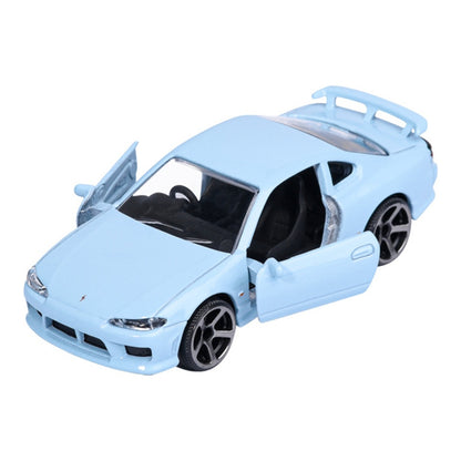 Majorette JDM Legends Nissan Silvia S15 Spec R Aero light blue 1:64 scale diecast model car front three-quarter view, driver door open