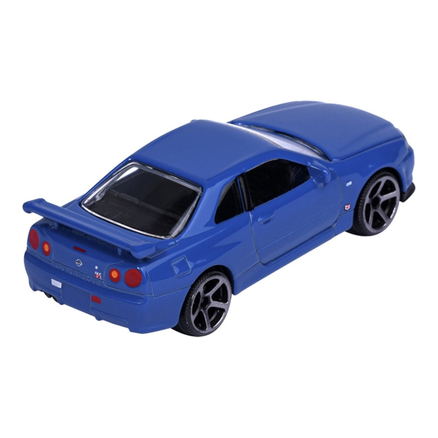 Majorette JDM Legends Nissan Skyline GT-R R34 blue 1:64 scale diecast model car rear three-quarter view, showing the four round tail lights